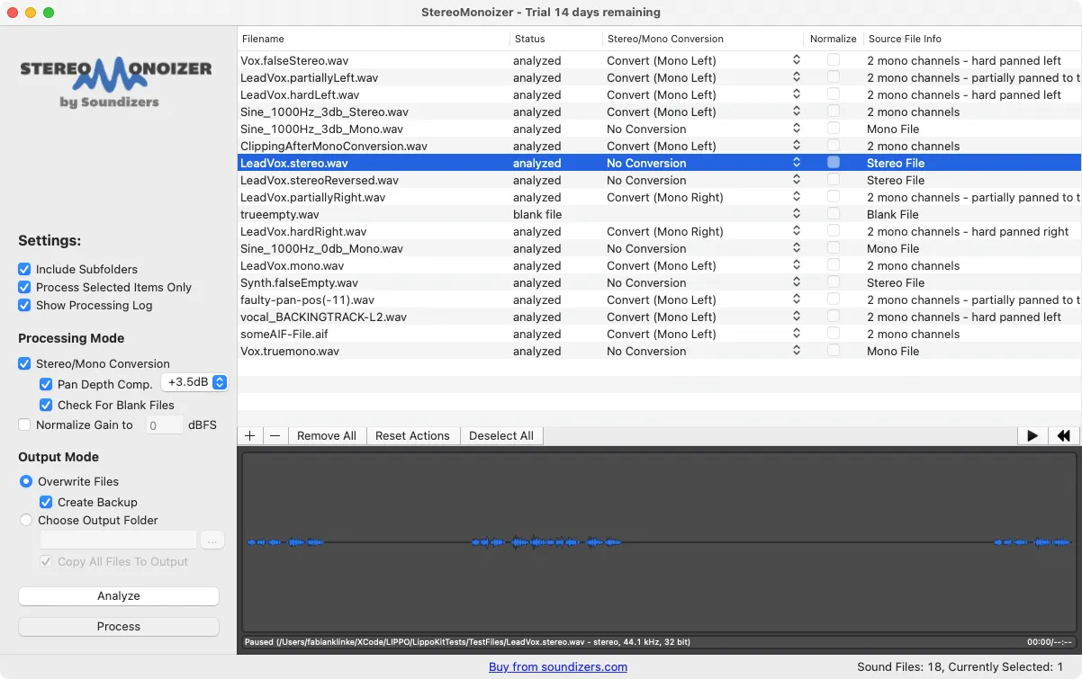 Screenshot of the StereoMonoIzer with a set of test files from Lippo