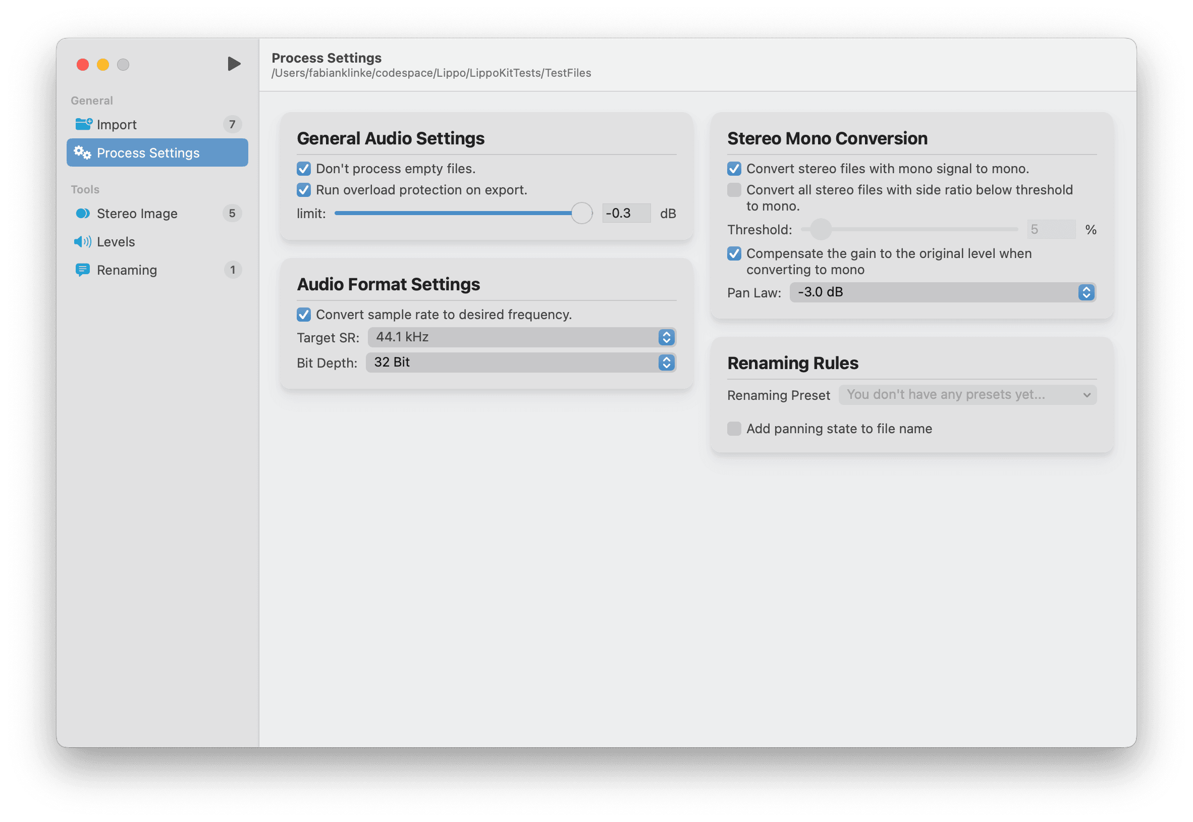 Processing View with overall settings